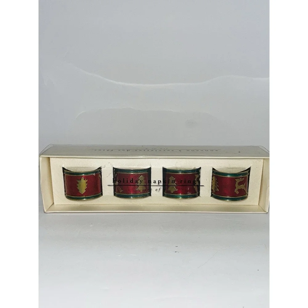 Pier 1 Brass & Enamel Reindeer Christmas Tree Napkin Rings Set of 4 Vintage NIB